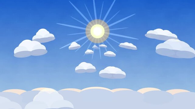 pixel art sky animation loop, bright sun, white clouds, retro video game landscape