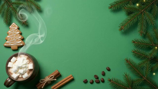 Festive Christmas 3D animation video background with holiday border frame, pine branches, hot cocoa, gingerbread cookie, and rising steam for seasonal greeting projects.