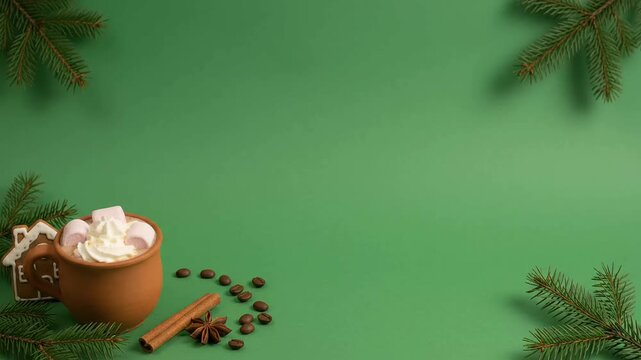 Festive Christmas green screen animation time lapse featuring cozy hot chocolate mug, gingerbread biscuit, pine branch border frame and winter holiday design elements.