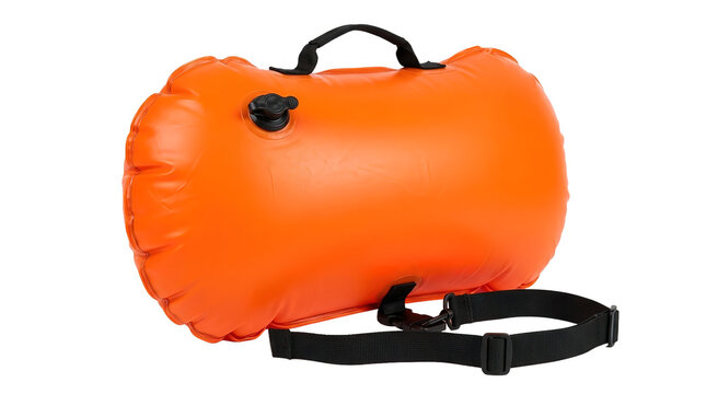 Bright orange swim buoy with handle and strap for open water safety