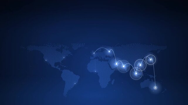 Dotted blue world map with glowing nodes linked by thin lines