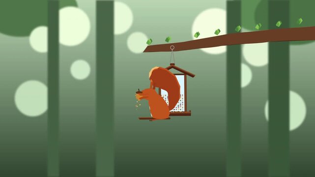pixel art squirrel eating acorn at bird feeder in forest animation