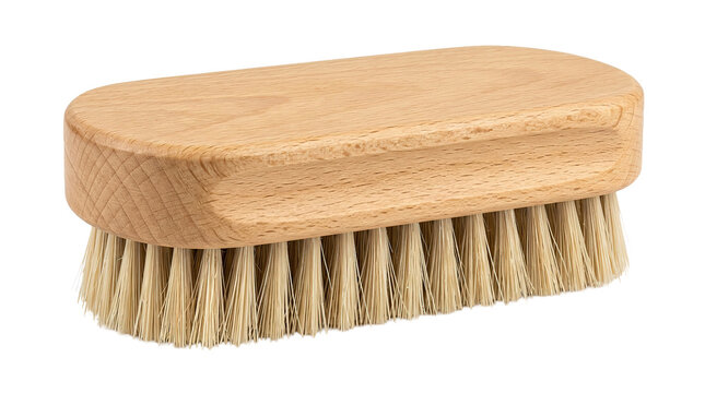 Wooden cleaning brush with natural bristles on white background