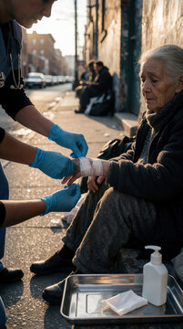 Female nurse providing medical help to elderly homeless woman on city street. Medical worker treats wound with bandage, gloves in outdoor setting. Social worker offers healthcare support to