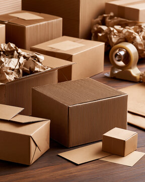 Photorealistic ecommerce packing station viewed from a high three-quarter angle, plain cardboard parcels, recycled paper filler, blank shipping labels, tape dispenser and protective packaging, clean