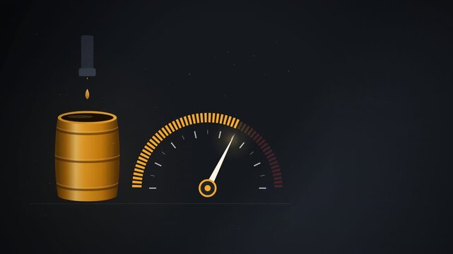 Oil barrel with gauge needle rising into red zone, energy price loop