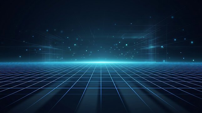 Abstract Cyber Grid Background with Glowing Particles and Perspective Lines for Futuristic Technology and Data Visualization Projects