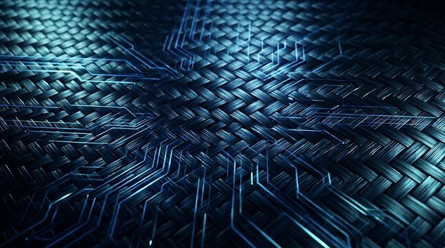 Carbon fiber texture background with glowing blue circuit board lines for high-tech industrial and engineering technology projects