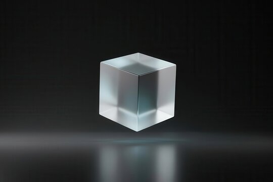 A transparent glass cube floating over a dark reflective surface. Minimalist 3D render concept for modern luxury branding and geometric design elements.
