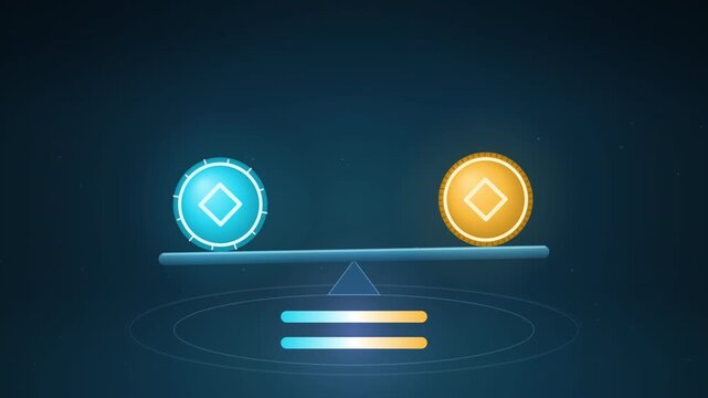 Two matching coins on a balanced beam, stablecoin peg concept