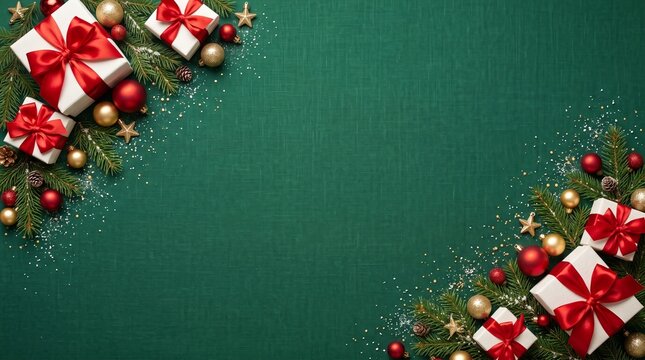Christmas gift boxes with red ribbons and golden ornaments on a dark green background