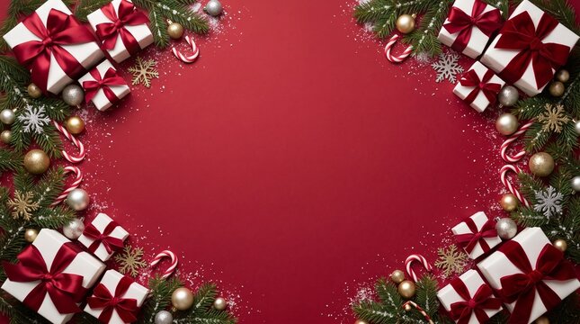 Christmas gift boxes and festive decorations border on a deep red holiday background