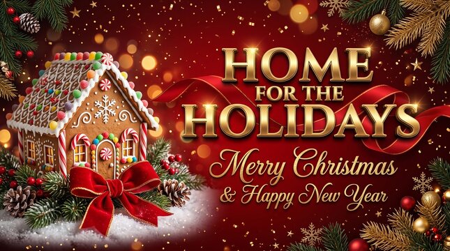 Gingerbread house with red bow and merry christmas text on a dark festive background