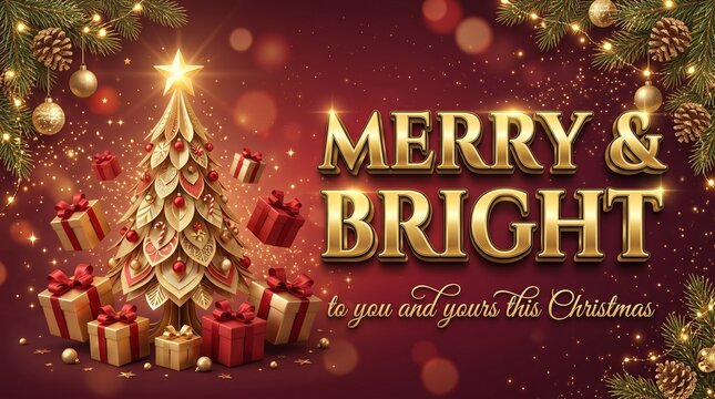 Merry and bright christmas greeting card with a gold decorated tree and gift boxes