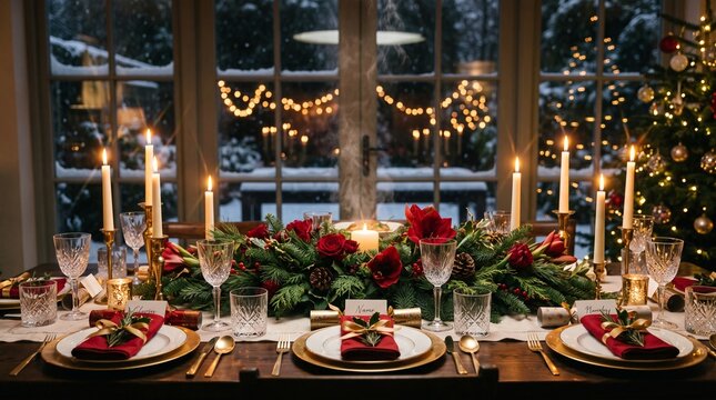 Elegant christmas dinner table setting with red flowers candles and golden lights