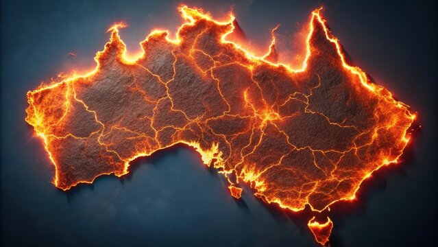 A parched map of australia crackles with fiery tendrils its red lines blazing like a desolate burning landscape