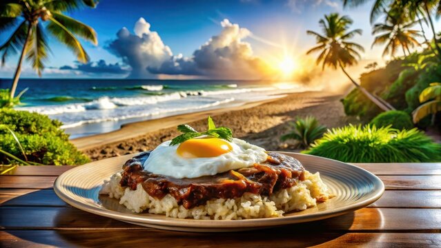 A steaming plate of loco moco sat atop a sunkissed beachside cafe wafting savory aromas of tropical paradise