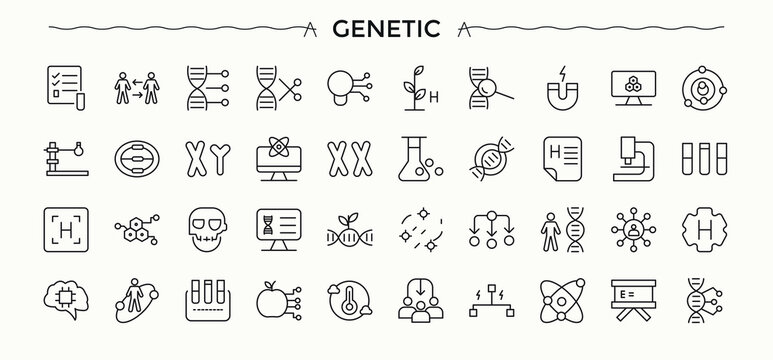 Genetic icon collection. Featuring biology, chemistry, science, laboratory and more. Genetic Engineering icon. Icons for application. Editable vector stroke.
