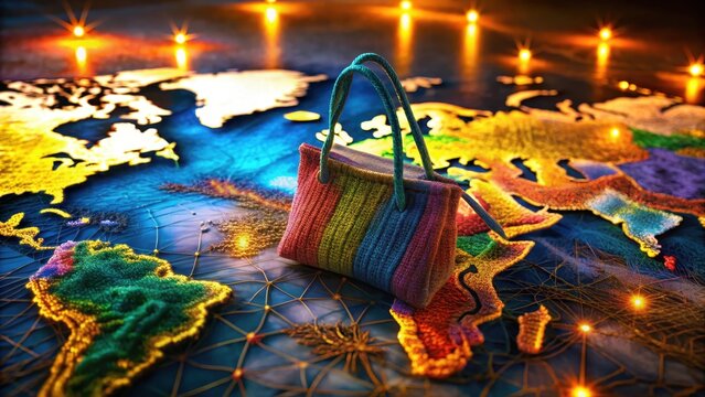 A colorful shopping bag sprawls across a world map its nylon threads woven into a vibrant tapestry of interconnected continents