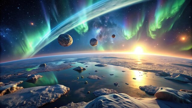 Asteroids glint like scattered diamonds against the soft ethereal glow of dawns aurora framing earths tranquil beauty
