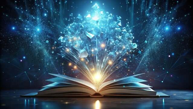A luminescent crystalline entity bursts forth from an open book its facets reflecting an endless expanse of digital code