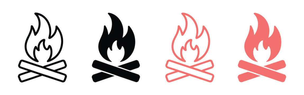 Campfire Icons Featuring Minimalist Outline and Solid Designs for Camping, Outdoor Recreation, Wilderness Adventures, and Digital Interfaces.