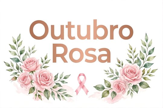 Outubro Rosa breast cancer awareness with pink rose watercolor