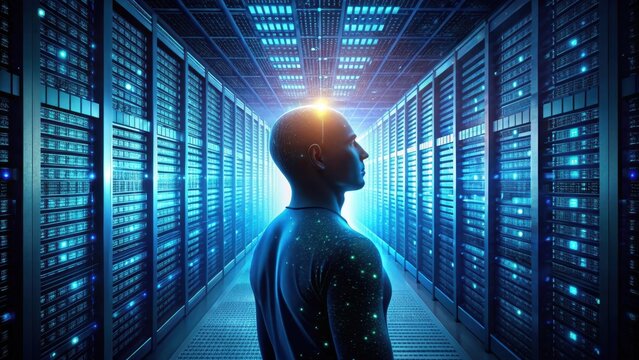 A human head silhouette filled with digital binary code gazes out from a darkened server room pulsing with eerie blue light