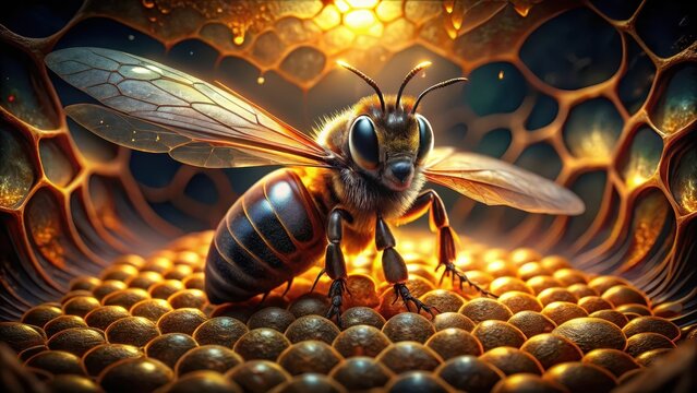 The queen bees regal form glows like polished amber as she lays eggs within the hives dark honeycomb womb