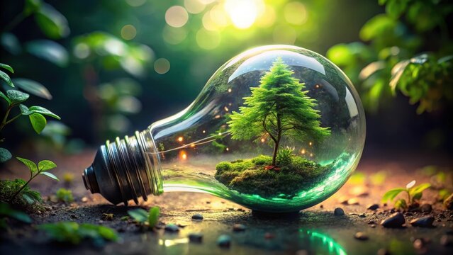 A delicate droplet of dew encases a light bulb glowing green with a tiny forest inside suspended midair