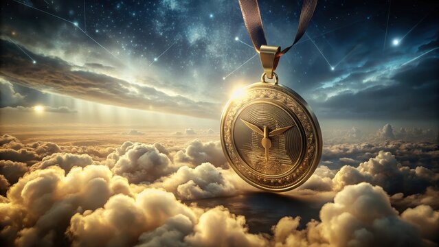 A delicate filigreepatterned gold medal suspended in midair surrounded by swirling misty clouds of data symbolizing cloud computing