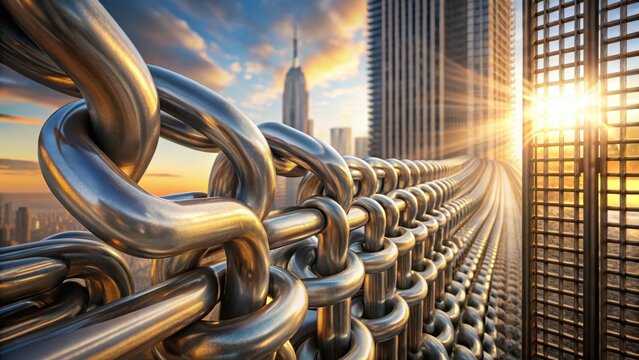 A steel chain vertical view where chain links interlock forms a metallic lattice that stretches towards the heavens like an industrial cathedral