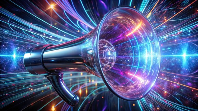 A sleek aerodynamic megaphone crafted from mirrored glass floats amidst a swirling vortex of luminous code tendrils