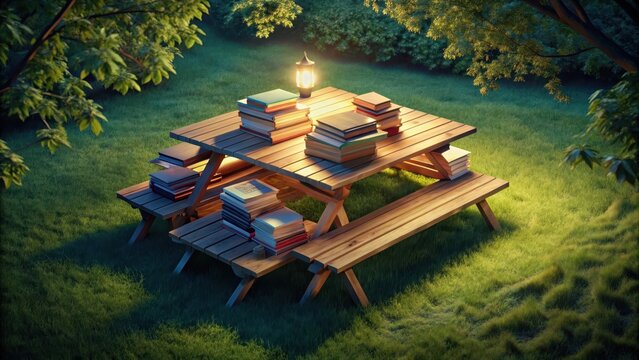 A picnic table piled high with books in a park setting
