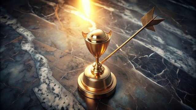 A golden trophys concave surface glows warmly as an arrow pierces its center precisioncrafted to sit serenely on ancient marble