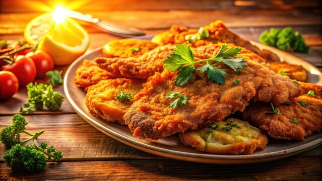 Chicken schnitzel sliced closeup