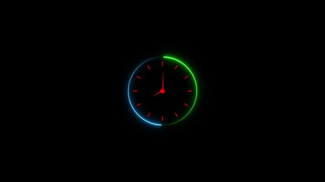 Glowing neon Clock animation. circle analog watch icon. Reverse clock animation showing time running. 4k video 