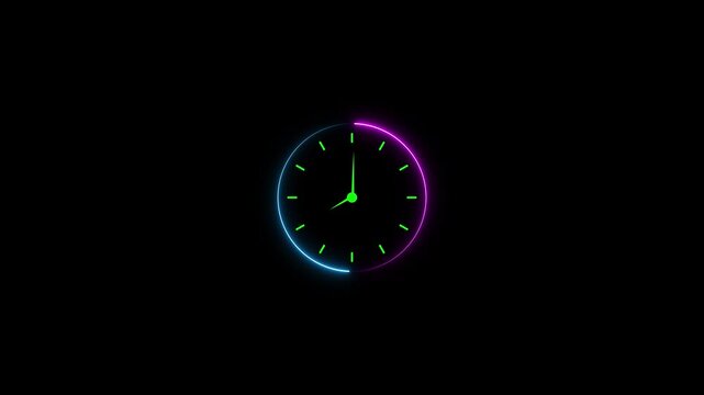 Glowing neon Clock animation. circle analog watch icon. Reverse clock animation showing time running. 4k video 