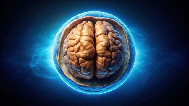 A cracked walnuts fragile interior reveals a glowing brain inside suspended in a halo of soft lunar blue light