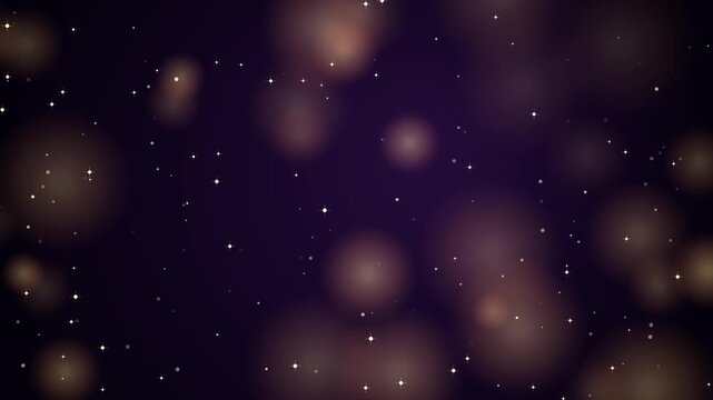 Sparkling particles float in dark space background.