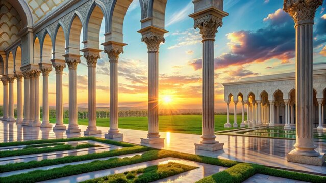 Gleaming white marble pillars rise above a sea of emeraldgreen grass surrounded by majestic arches in the golden light
