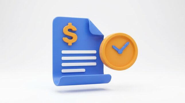 3d icon of a blue financial document with a dollar sign and a clock, representing billing or payment deadline, isolated on white background