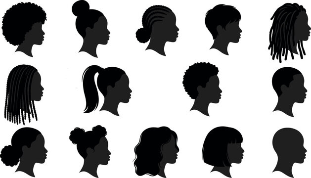 African American woman hairstyles silhouette set featuring afro braids dreadlocks bun and natural hair beauty vector illustration