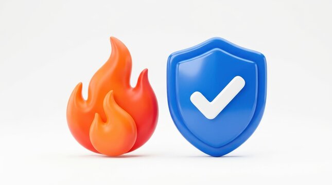 3d fire flame and blue shield with check mark icon