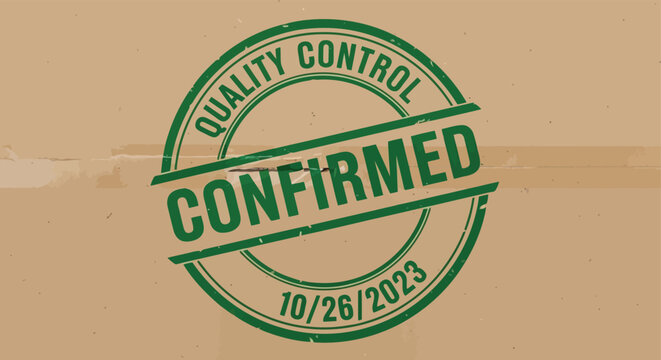 Green quality control confirmed rubber stamp vector graphic illustration printed over brown cardboard texture background