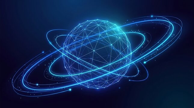 Abstract 3D Globe Sphere with Glowing Orbital Rings and Network Mesh Structure on Dark Blue Background