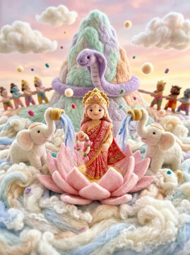 Needle felted wool diorama of Goddess Lakshmi rising on a lotus from the milk ocean during Samudra Manthan with Mount Mandara and Vasuki
