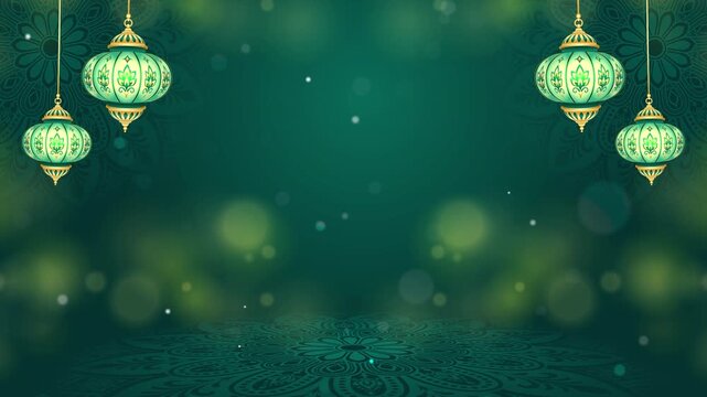 Seamless Loop Green Teal Ornamental Background with Swinging Golden Lanterns, Floating Bokeh Lights, Rotating Mandala Pattern and Elegant Festive Indian Decorative Design