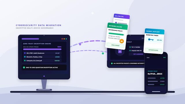 A modern business motion graphic featuring an enterprise security workstation on the left, transmitting compliance files and encrypted credentials via a cyber-laser stream to tablets and small devices