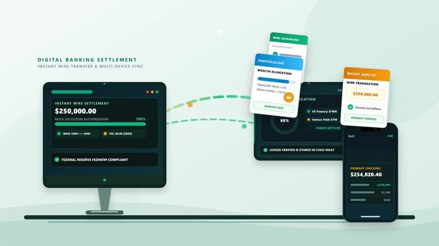 A flat 2D modern business motion graphic showing a banking executive&rsquo;s workstation on the left, transferring documents and secure financial escrow transactions to tablets and smartphones on the right.